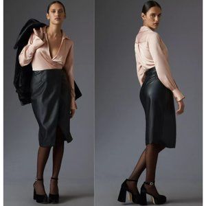 Anthropologie Long-Sleeve V-Neck Faux Leather Satin Midi Dress NWT 2